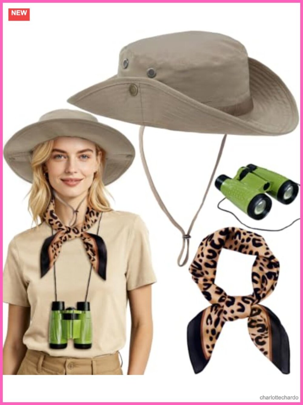 3 PCS Safari Costume Set Halloween Zookeeper Explorer Hat Scarf Binoculars